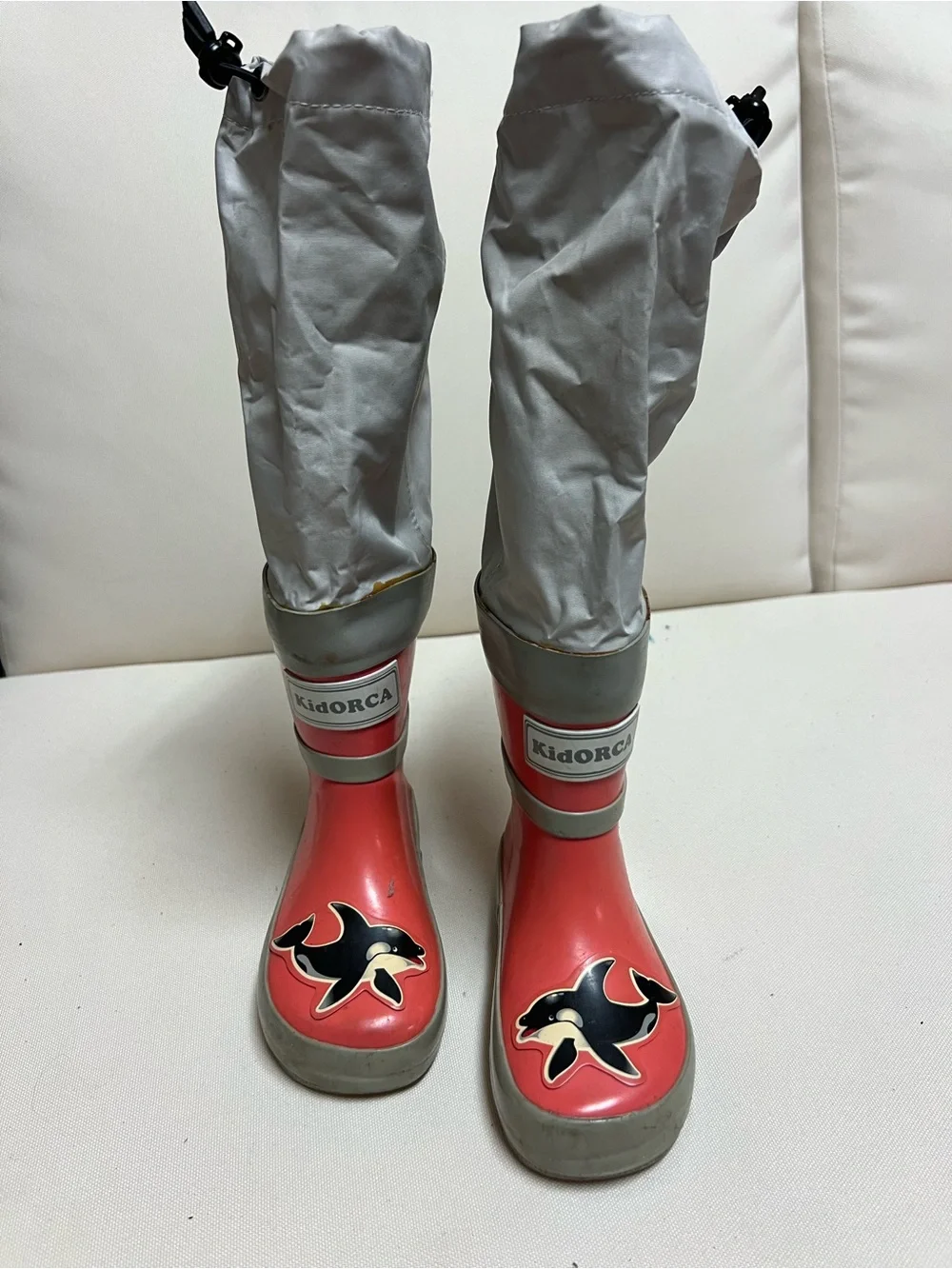 Coral-Red Kids Waterproof Rain & Snow Boots with Grey Gaiters